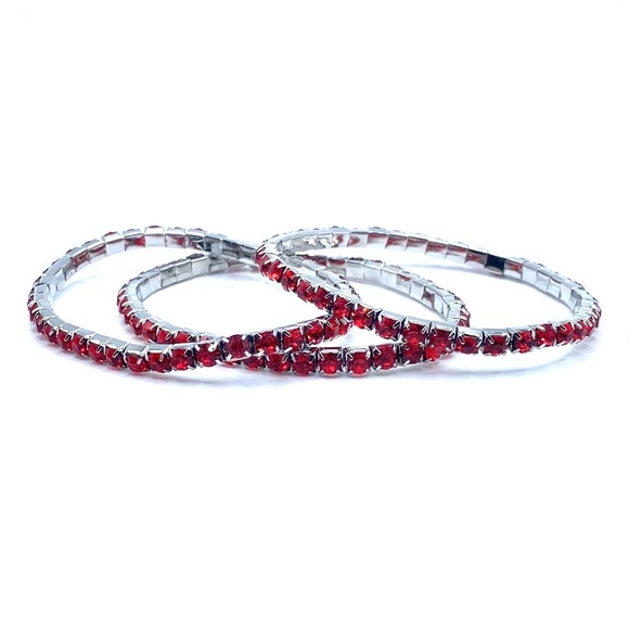 Rhinestone Stretch Bracelet Stackable Red Stones Silver Tone - Picture 3 of 5